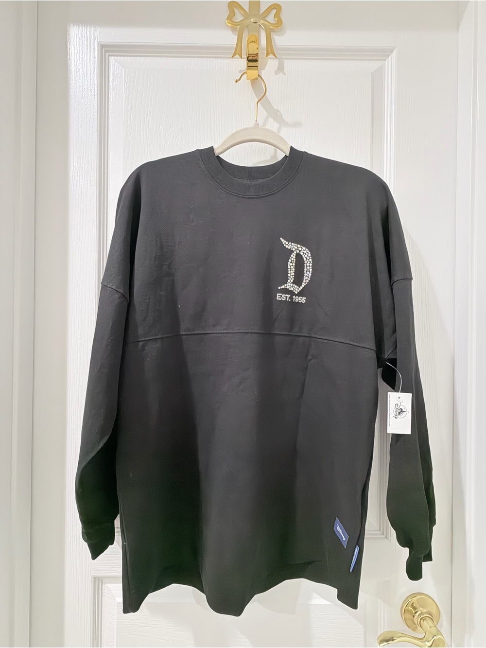 Disney Black Long Sleeve Crewneck Tee with Rhinestone D Logo